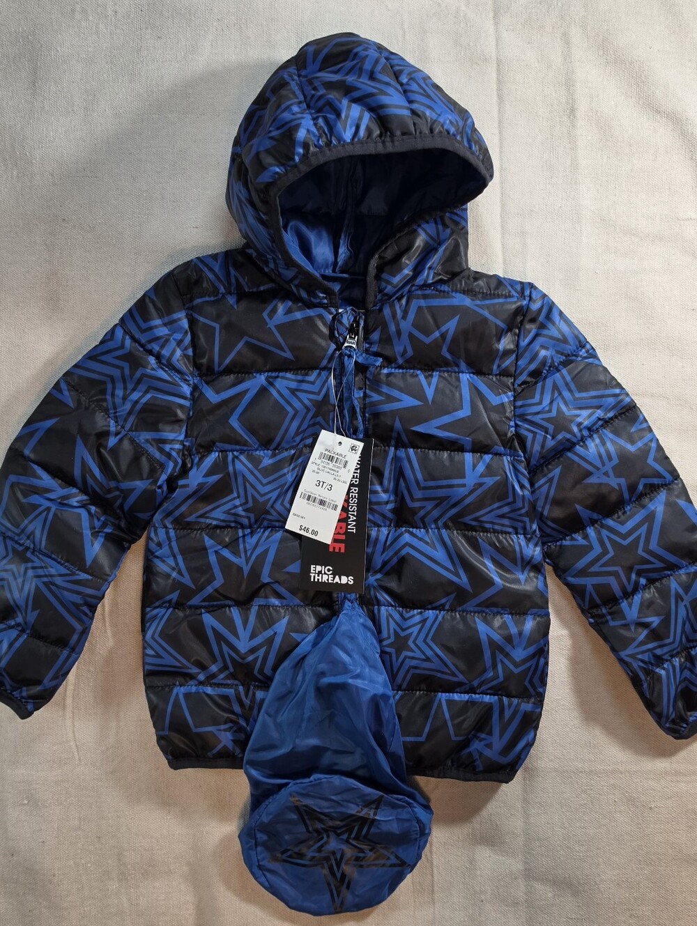 Epic Threads Boys' Black & Blue Star Print Puffer Jacket with Hood 3T
